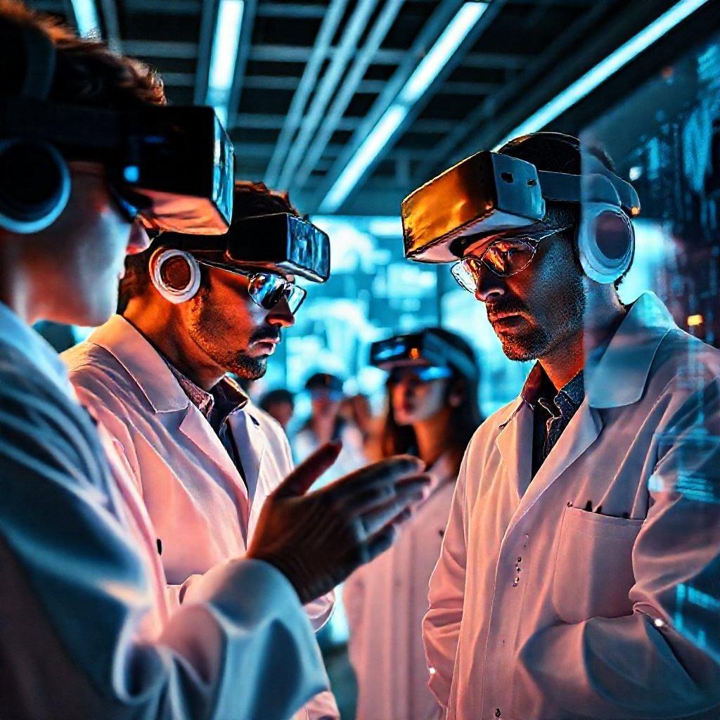 A group of scientists in a lab, surrounded by futuristic technology, exploring new frontiers in tech.