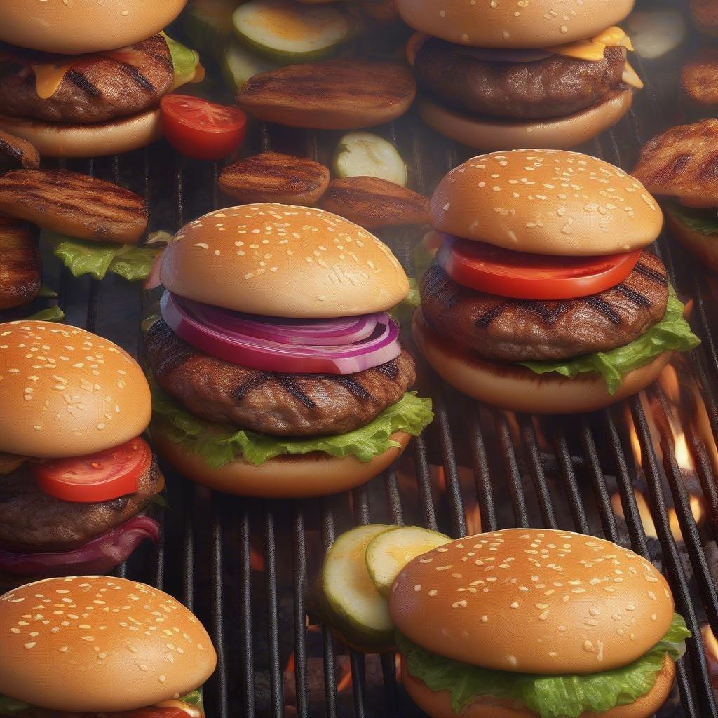 Get ready for a mouth-watering feast with these juicy burgers sizzling on the grill. Perfect for a summer BBQ or a quick weeknight dinner.