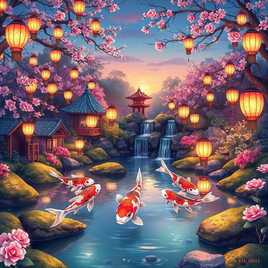 This digital illustration captures an enchanting garden scene at dusk. Featuring glowing lanterns and koi fish swimming in a serene pond, this image evokes the tranquility of nature's beauty.