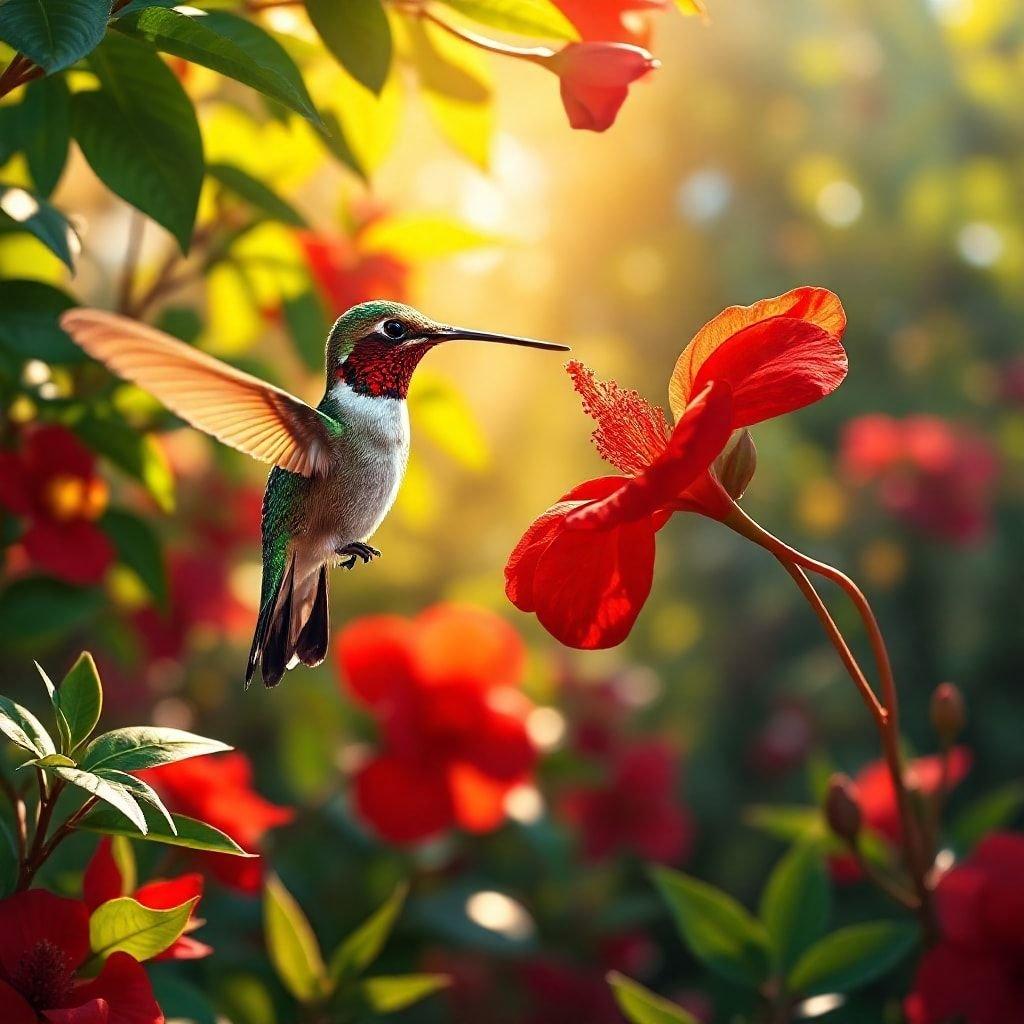 Un'immagine bellissima di un colibrì in volo, che si libra vicino a un fiore di ibisco rosso in un giardino sereno.