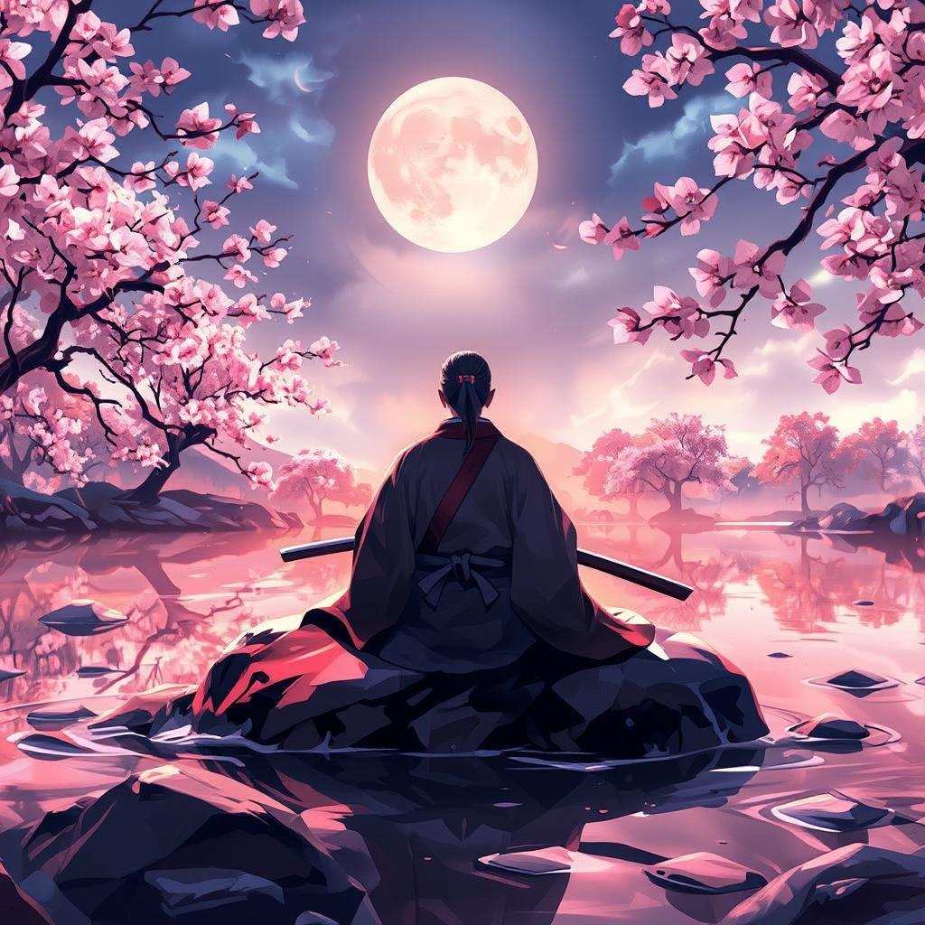 A captivating anime wallpaper featuring a samurai in deep contemplation, surrounded by the beauty of nature.