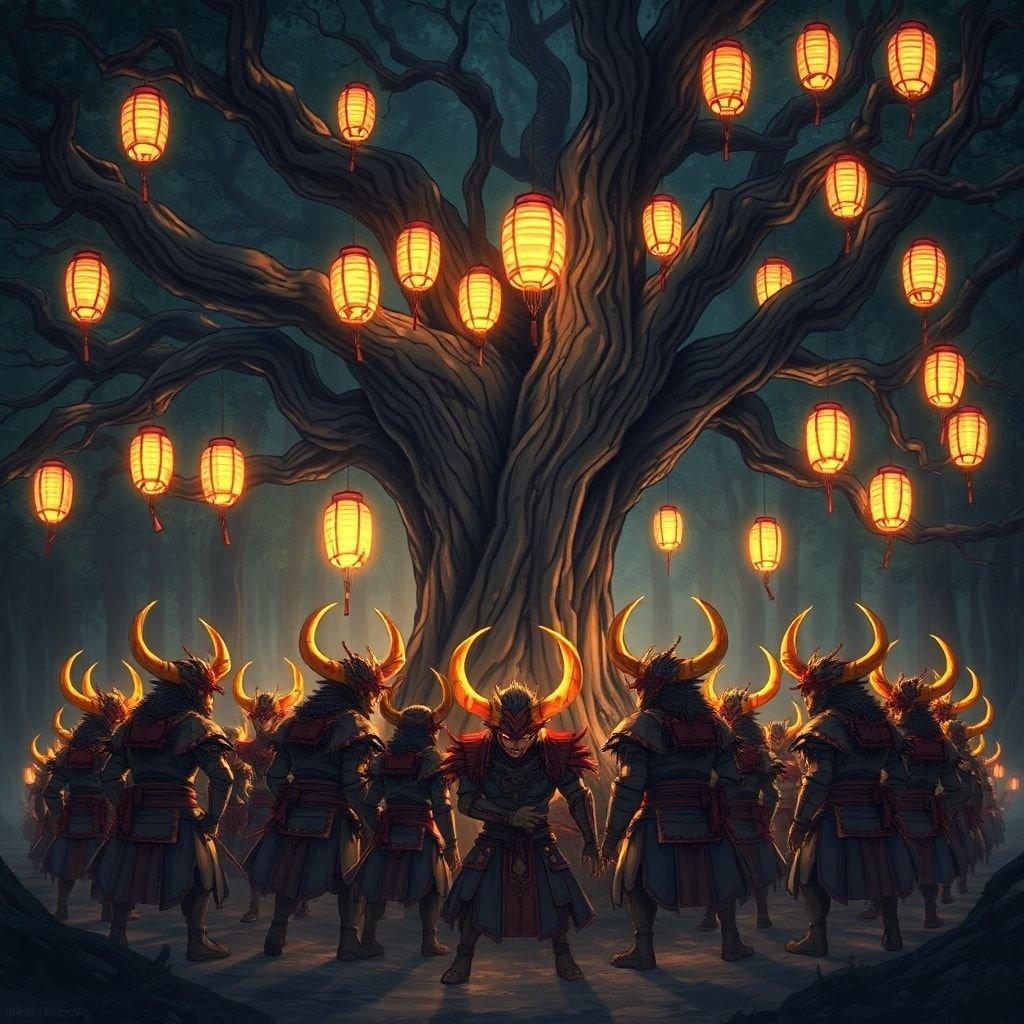 A captivating anime illustration of a group of demon samurai gathered around a large tree in a dark forest, illuminated by glowing lanterns.