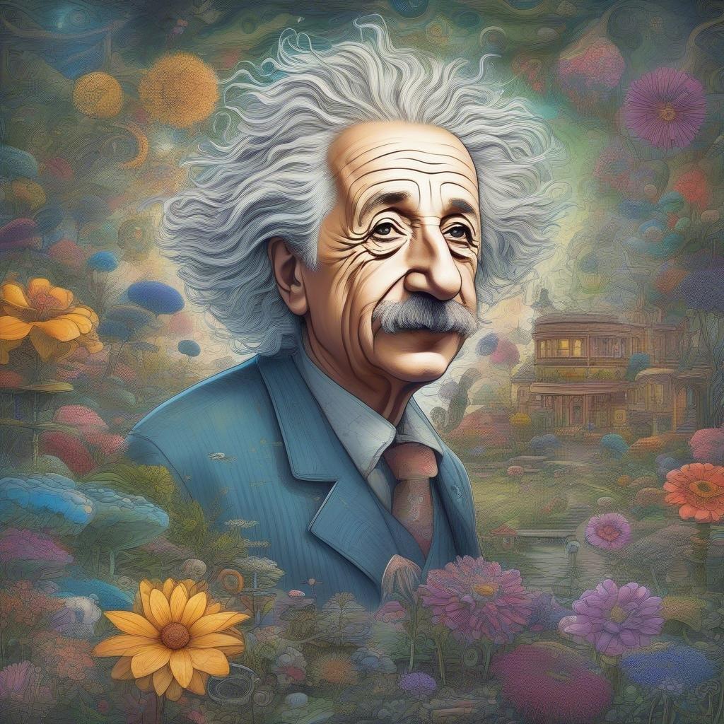 This vibrant wallpaper captures the essence of Albert Einstein, the iconic physicist known for his groundbreaking theories on relativity and quantum mechanics. The image beautifully merges a serene natural landscape with a colorful array of flowers and plants, encapsulating both Einstein's admiration for nature and his profound impact on our understanding of it.