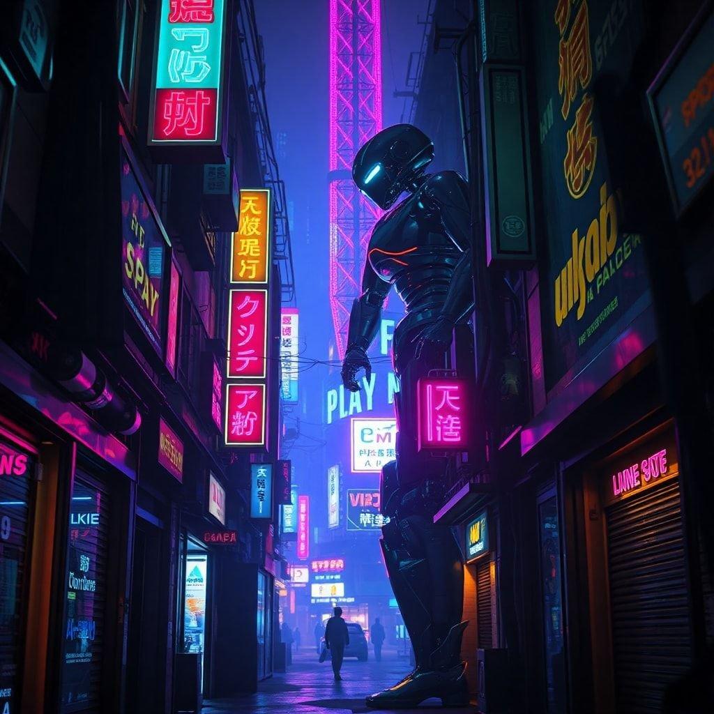 A futuristic night scene in an Asian cyberpunk district, featuring neon signs and a robot navigating the streets.