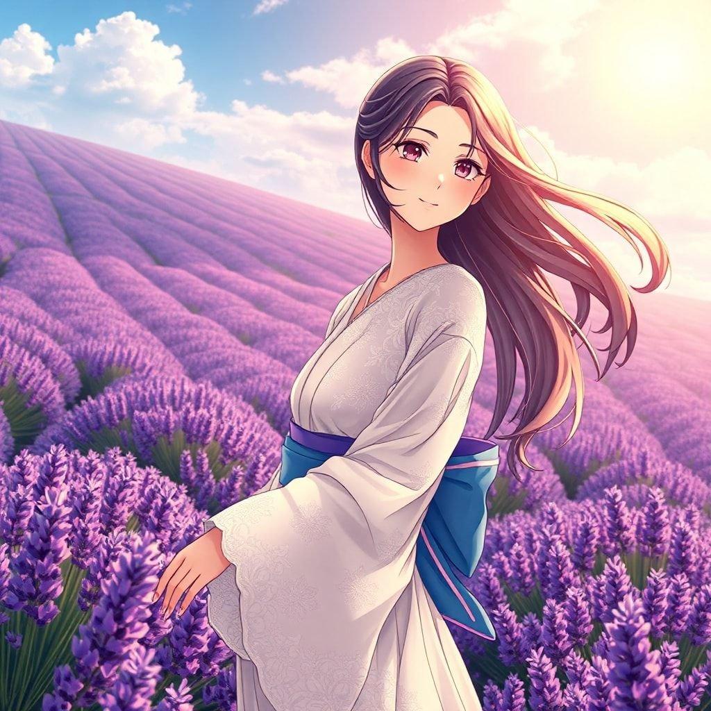 Diese Anime-Illustration fängt einen ruhigen Moment eines Mädchens in einem Kimono inmitten eines Lavendelfeldes ein, während ihr Haar nach rechts fließt.