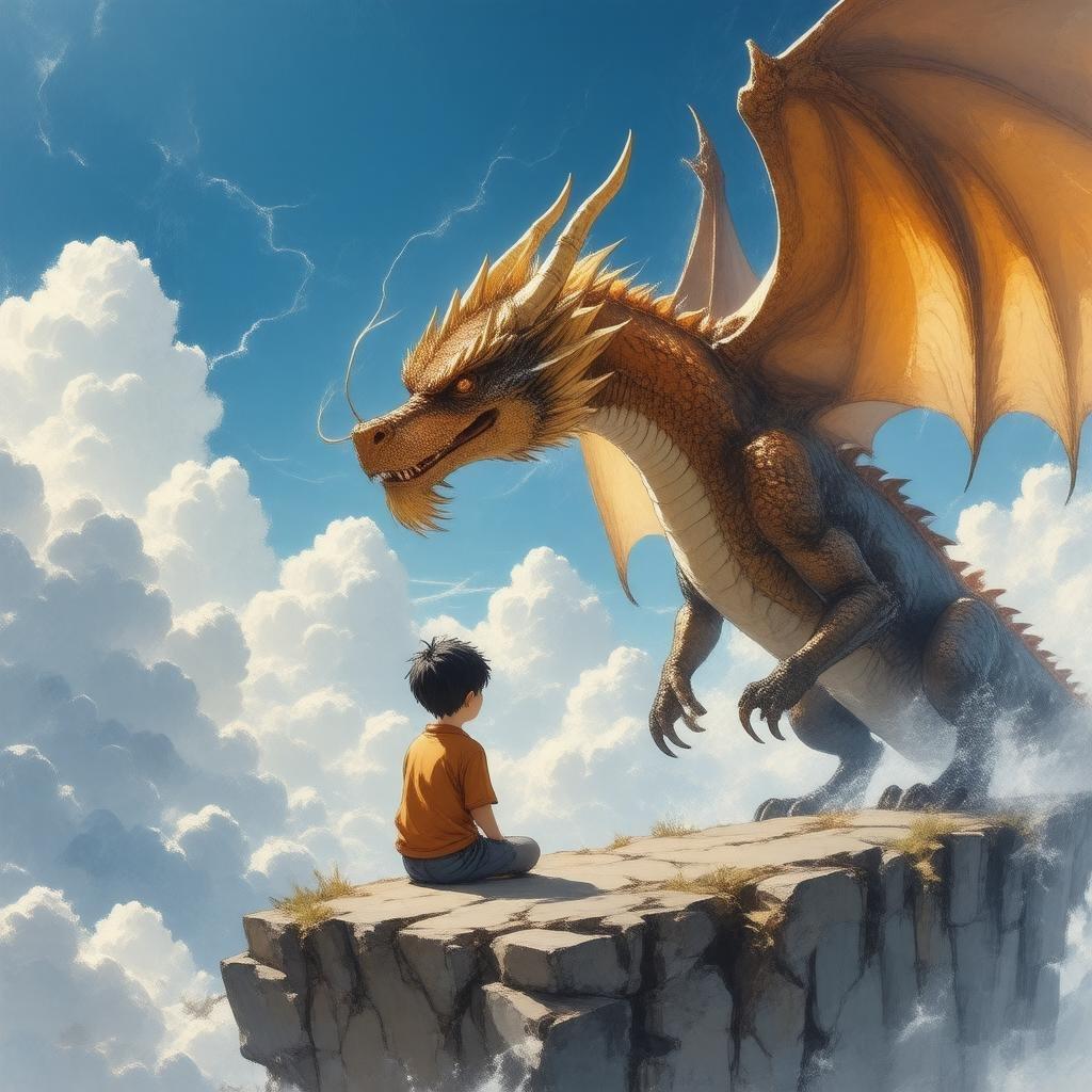 Eine ruhige Anime-Szene eines jungen Jungen, der auf einer Klippe sitzt und einen majestätischen Drachen mit einem goldenen Horn und Flügeln beobachtet, vor einer Kulisse aus fluffigen Wolken.