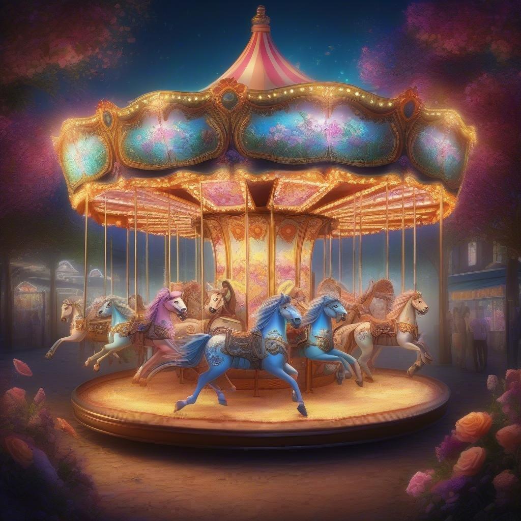 A whimsical nighttime scene at the carnival, where magical creatures gracefully ride the enchanted gears. The air is filled with the scent of cotton candy and laughter echoes in the distance.