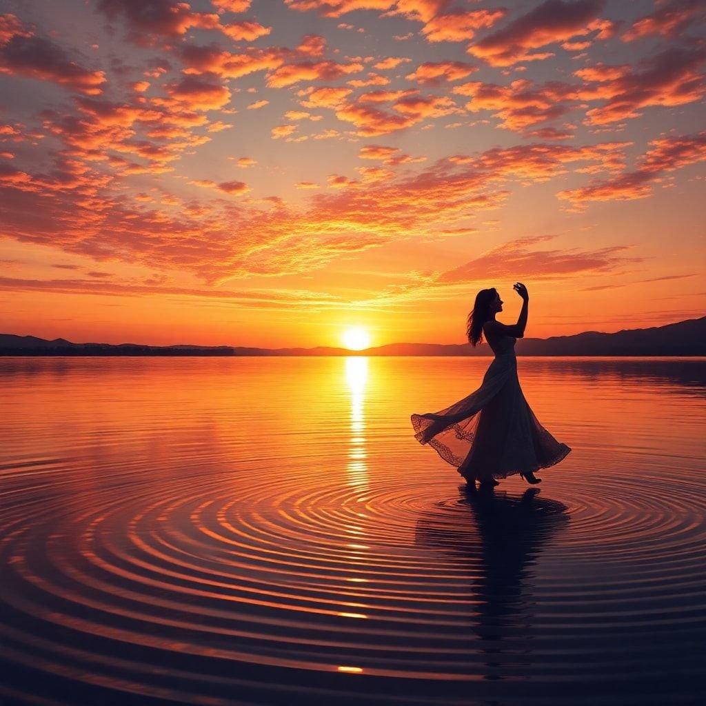 Couple dancing during a romantic sunset on the lake, celebrating their love in the golden light.