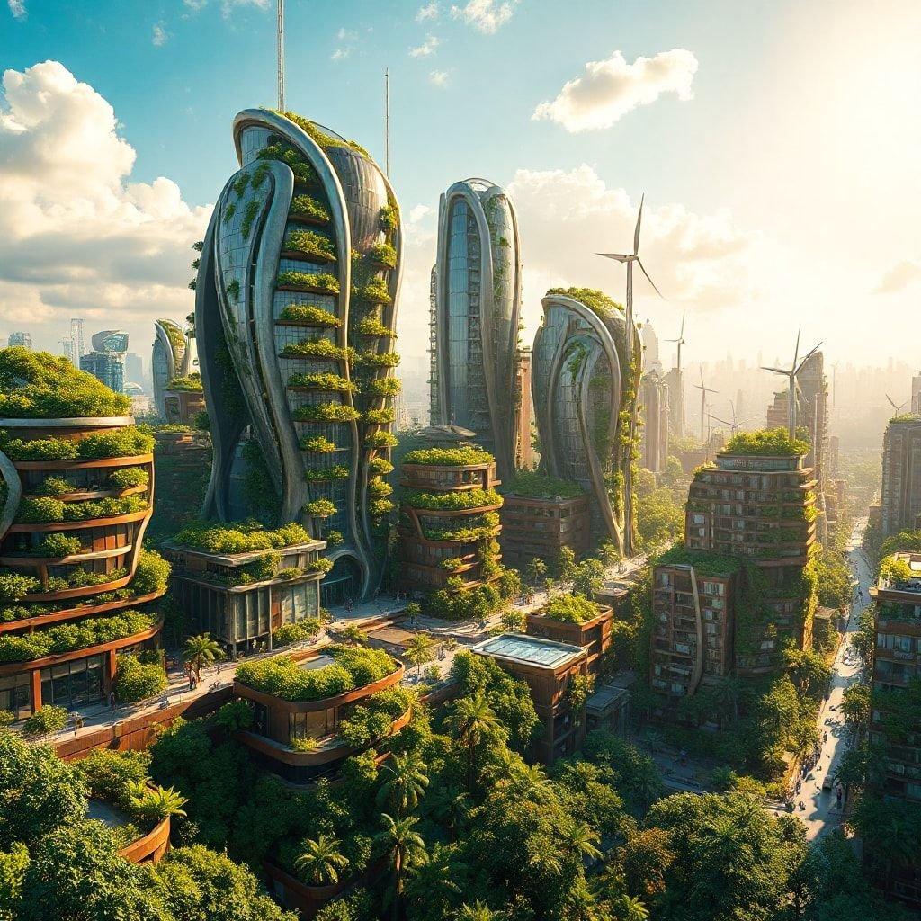 Get ready to be amazed by this stunning futuristic cityscape, where sleek skyscrapers and lush greenery blend together in perfect harmony. This eco-friendly city is the perfect blend of technology and nature, making it a great wallpaper for anyone who loves innovative architecture.