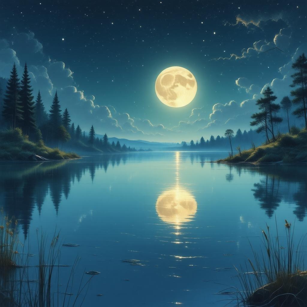 Ein atemberaubender Anime-Hintergrund mit einem ruhigen See unter einem vollen Mond, dessen Reflexion ein Gefühl der Ruhe vermittelt.