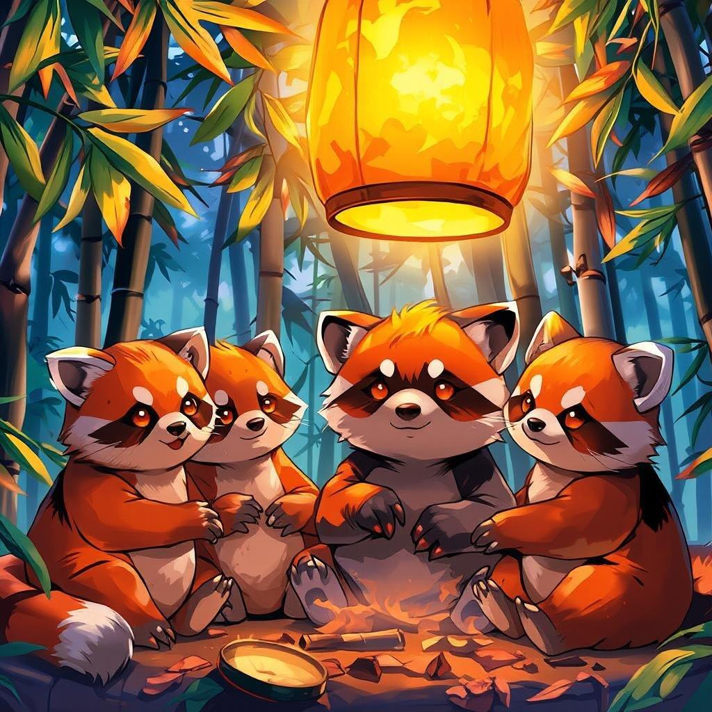 Immerse yourself in the whimsical world of anime with this captivating wallpaper featuring a group of tanuki gathered around a glowing lantern in a bamboo forest. The vibrant scene exudes a sense of curiosity and playfulness, inviting you to join in on the mischievous fun.