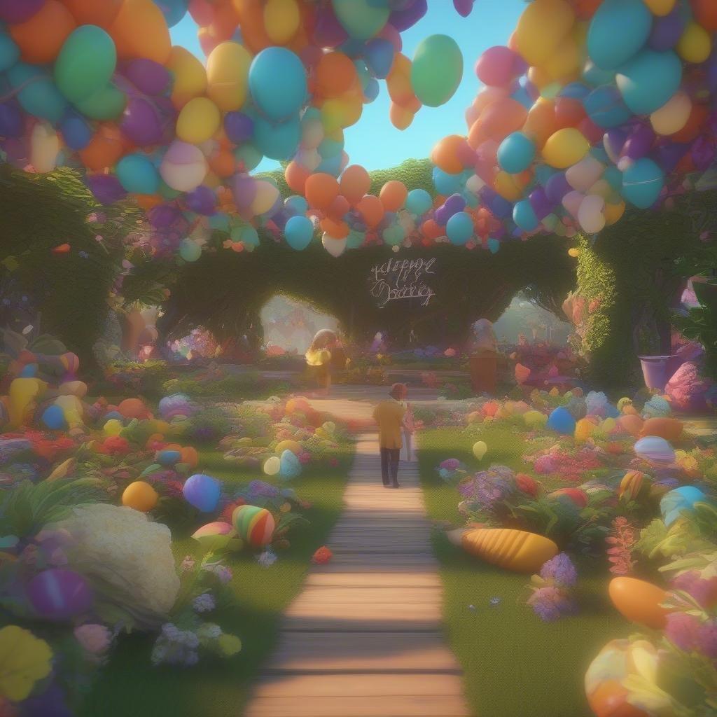 A heartwarming scene of a person walking down a path surrounded by balloons and greenery, perfect for Father's Day.