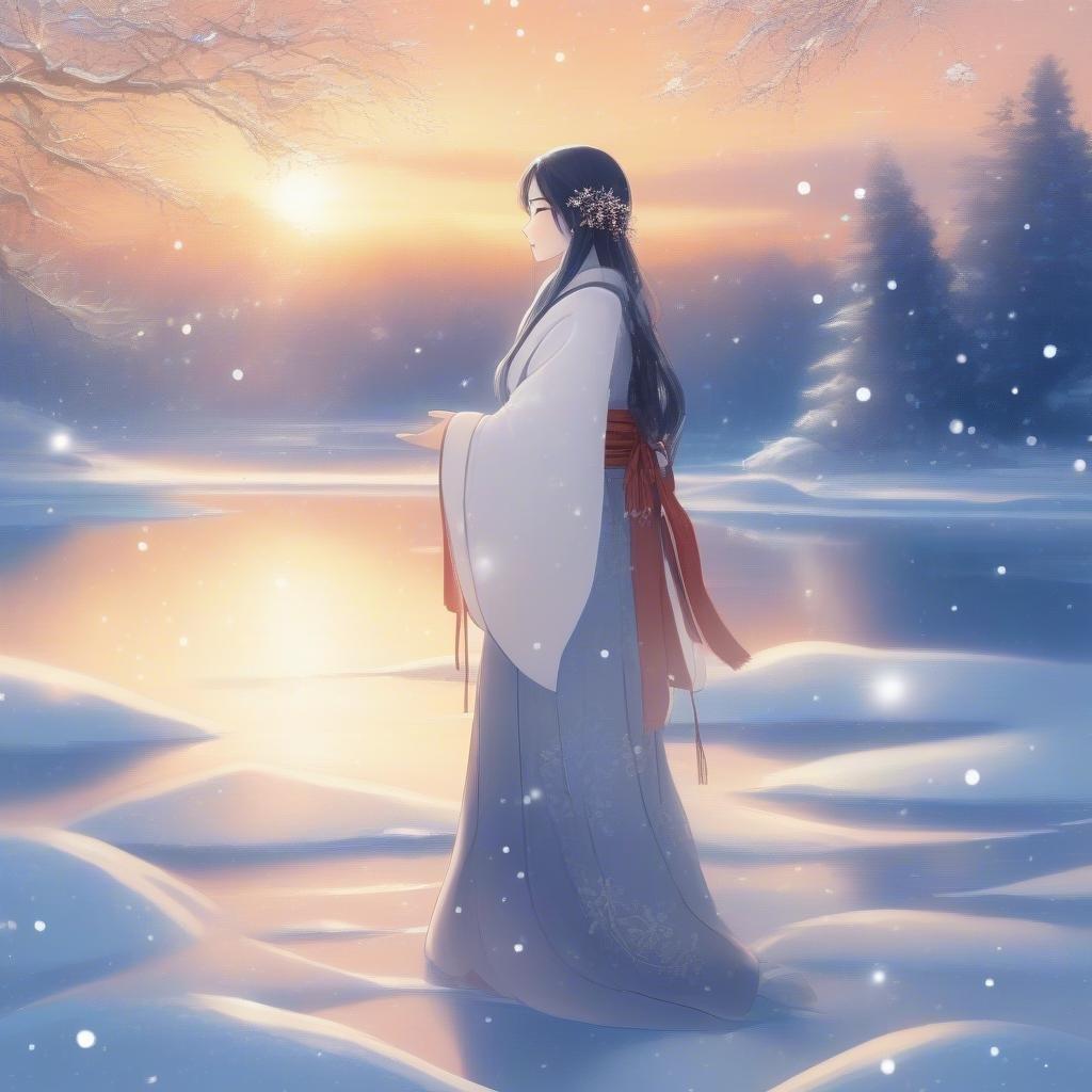 A tranquil scene featuring a yuki-onna amidst a serene winter's night on a frozen lake, as the sun sets and snowflakes gently fall.