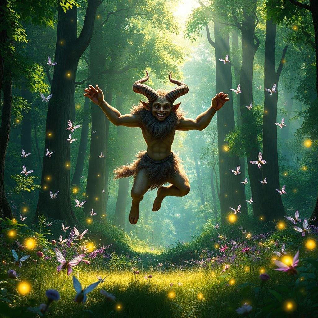 A playful fantasy creature dances through a magical forest, surrounded by fairies and butterflies. The image is a vibrant representation of whimsy and nature's enchantment.