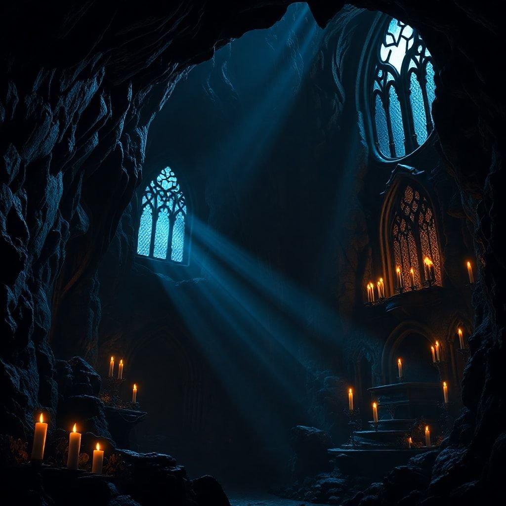 This dark fantasy wallpaper features a mysterious and mystical scene, perfect for fans of the genre. The image depicts a dark, gothic-style room with a large window that lets in a beam of light, illuminating the space and casting dramatic shadows. The room is filled with various objects, including a large, ornate mirror, a collection of books, and a mysterious, glowing orb. The overall atmosphere of the image is one of mystery and intrigue, inviting the viewer to step into the world of dark fantasy.