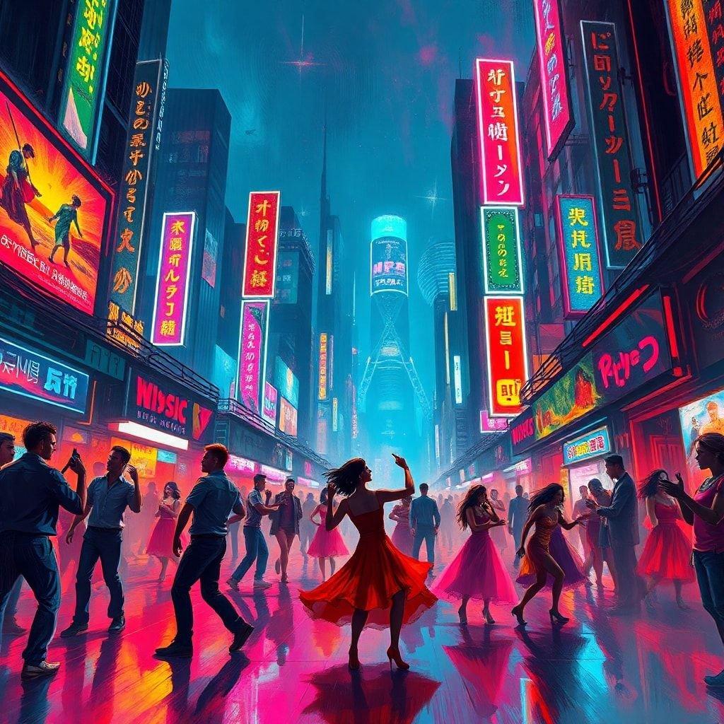 Exploring the lively streets of Tokyo at night, filled with colorful neon signs, vibrant entertainment billboards and energetic crowds. The bright lights illuminate the cityscape against a star-filled sky, creating a lively and bustling atmosphere.