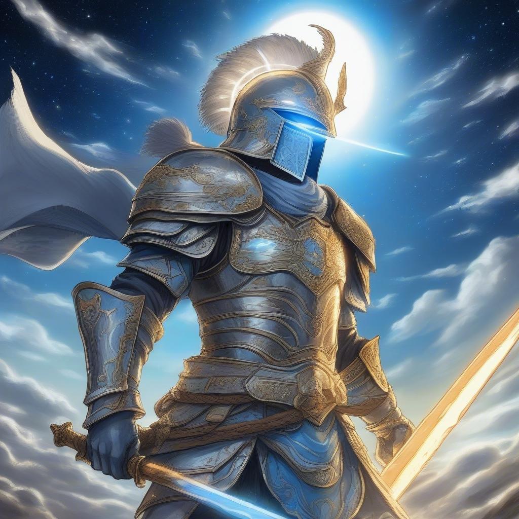 An epic fantasy scene featuring a warrior descending upon a battlefield. The armored figure, with a glowing helmet and sword, stands out against the dark, starry sky.