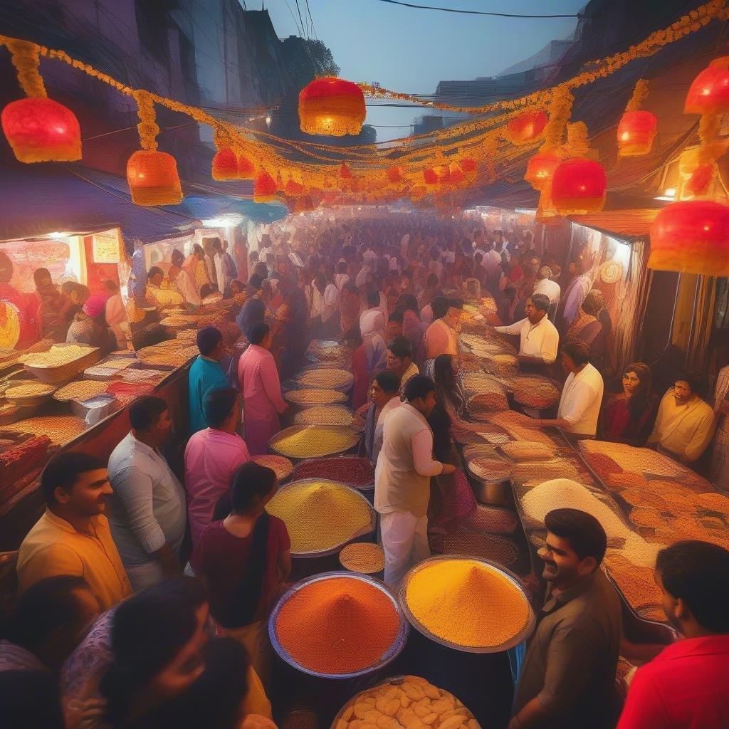 Join the lively scene at a busy street market during the Diwali festival, filled with people shopping for traditional items.