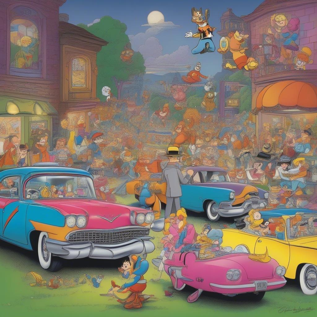 A vibrant scene from the world of cartoons, featuring beloved characters on a lively street.