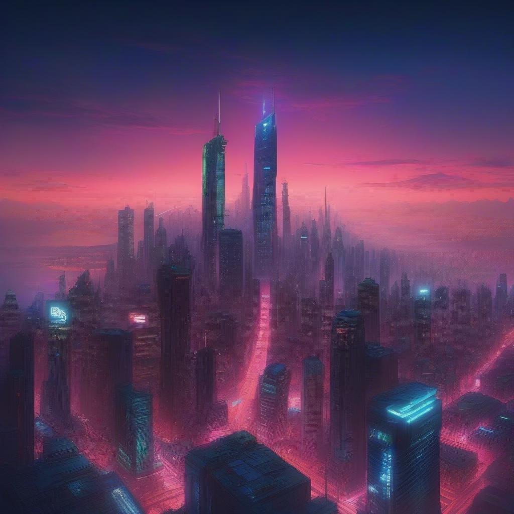 A futuristic city skyline at dusk with neon lights reflecting off a dark sky.