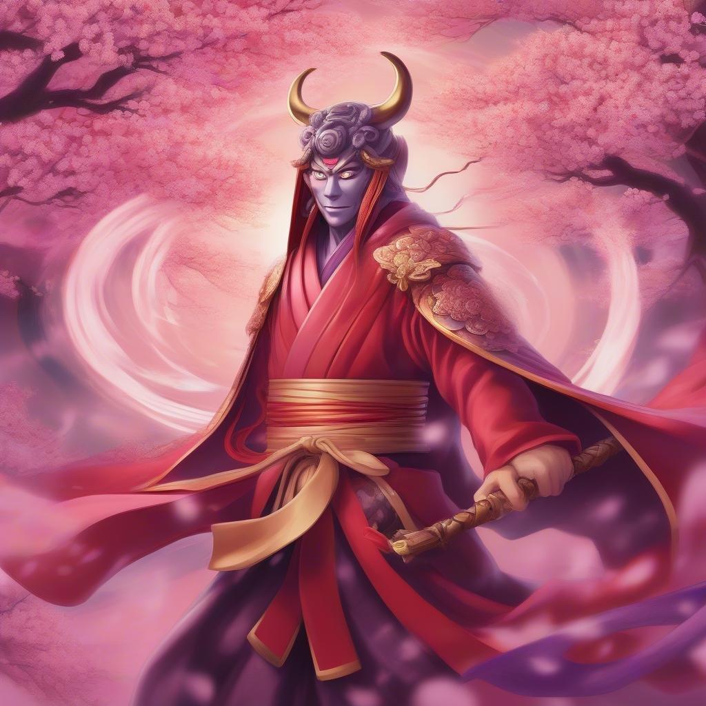 An anime wallpaper of a powerful warrior emerging from a whirlwind of cherry blossom petals. The figure is dressed in regal red and gold robes, symbolizing their status as a mystical guardian.