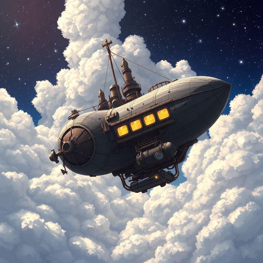 This stunning anime-style illustration depicts a fantastical airship sailing across a starry night sky, surrounded by billowing clouds. The airship's steampunk design and glowing windows add to its sense of power and motion.