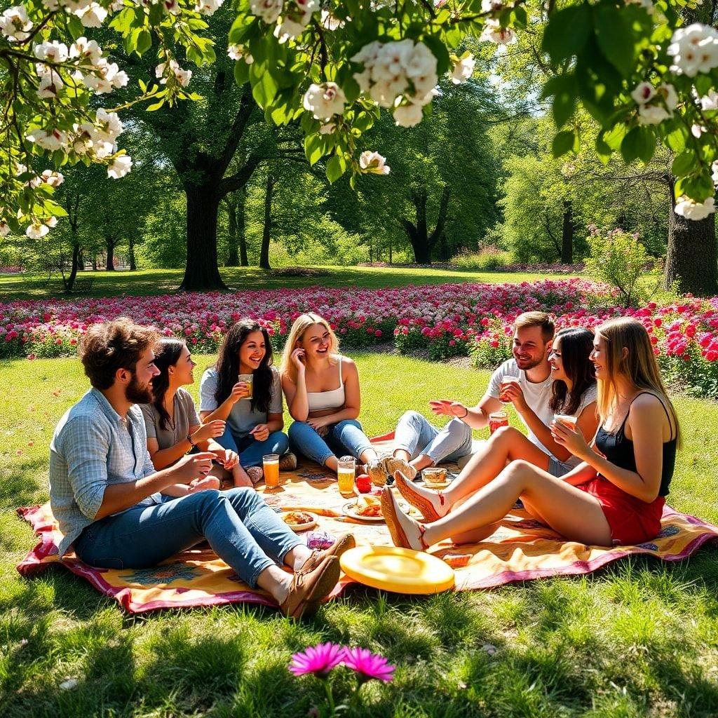 A casual gathering of friends sharing food, laughter, and conversation on a sunny day.