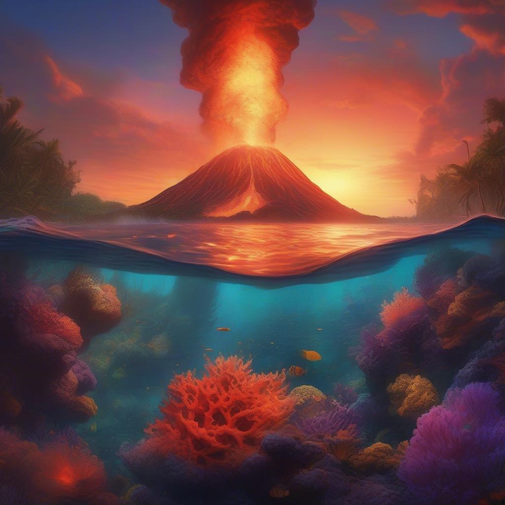 A vibrant coral reef comes to life as the sun dips below the horizon, casting a warm glow over this underwater spectacle. A mountain volcano looms in the background, adding an element of wilderness and adventure to the scene.