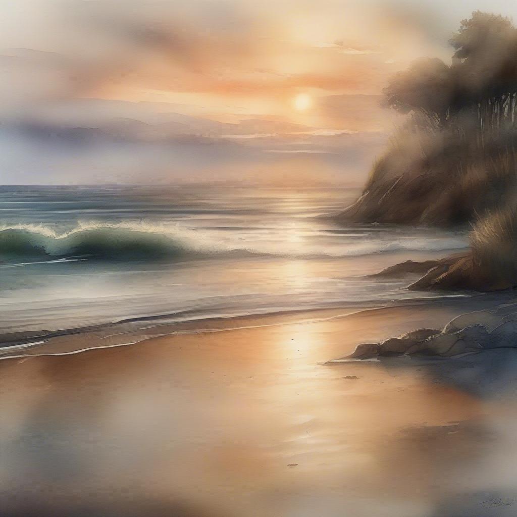 A tranquil beach scene at sunset, with gentle waves lapping against the shore.