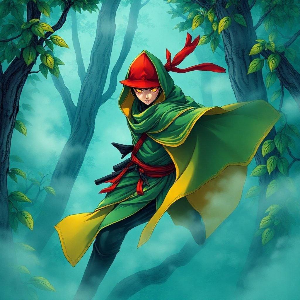 A ninja wearing a vivid green and yellow cloak, along with a striking red hat, swiftly moves through a misty forest. His glowing orange eyes stand out against the lush environment. The mysterious blue-green background adds an air of enigma to this thrilling scene from an anime.