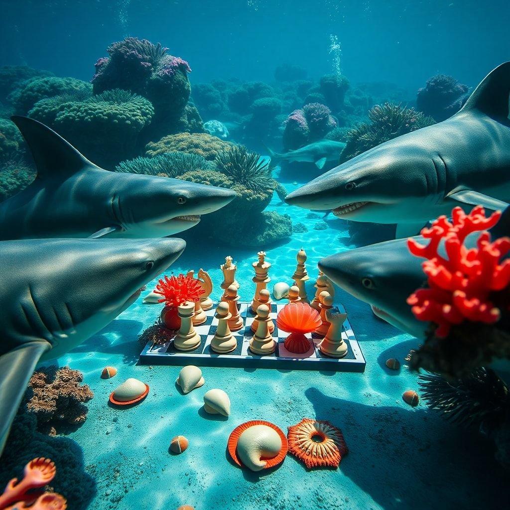 In this unique underwater scene, sharks gather around a chessboard, showcasing their strategic prowess. The vibrant coral reef and diverse marine life create a stunning backdrop, highlighting the beauty and complexity of the ocean's ecosystem.