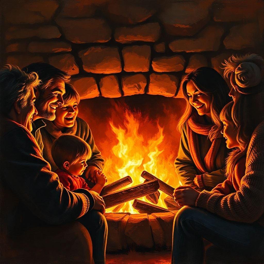 Cuddle up with family at this cozy Thanksgiving celebration. Surrounded by loved ones, share laughter and stories around the warm glow of a fireplace, feeling thankful for each other and the good times they create together.