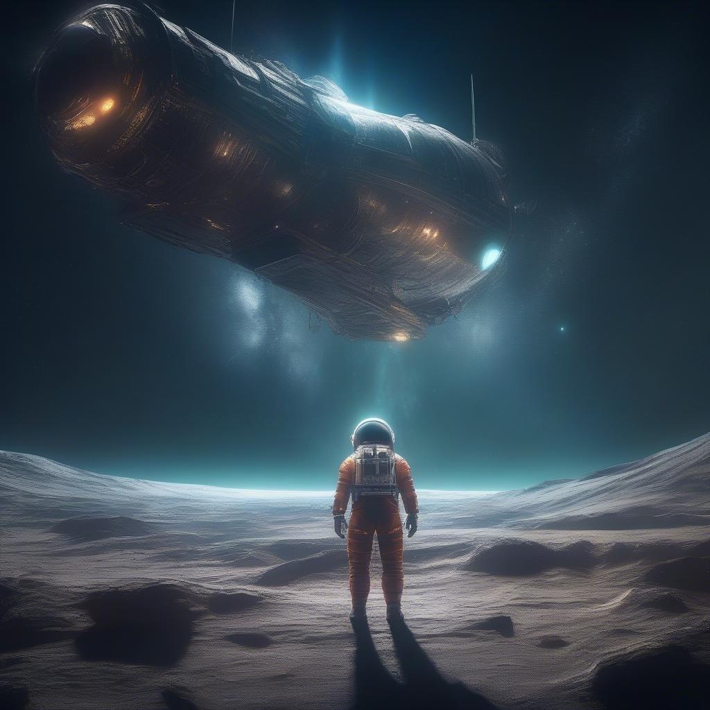 This stunning wallpaper features an astronaut gazing up at a spaceship in a breathtaking fantasy and sci-fi scene. The astronaut's spacesuit and the spaceship's sleek design create a sense of adventure and exploration.