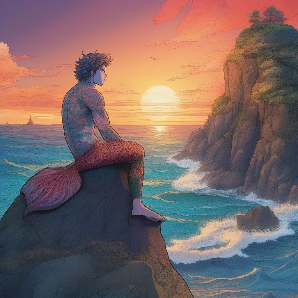 Enjoy the tranquil beauty of an anime character overlooking a stunning seascape at sunset.