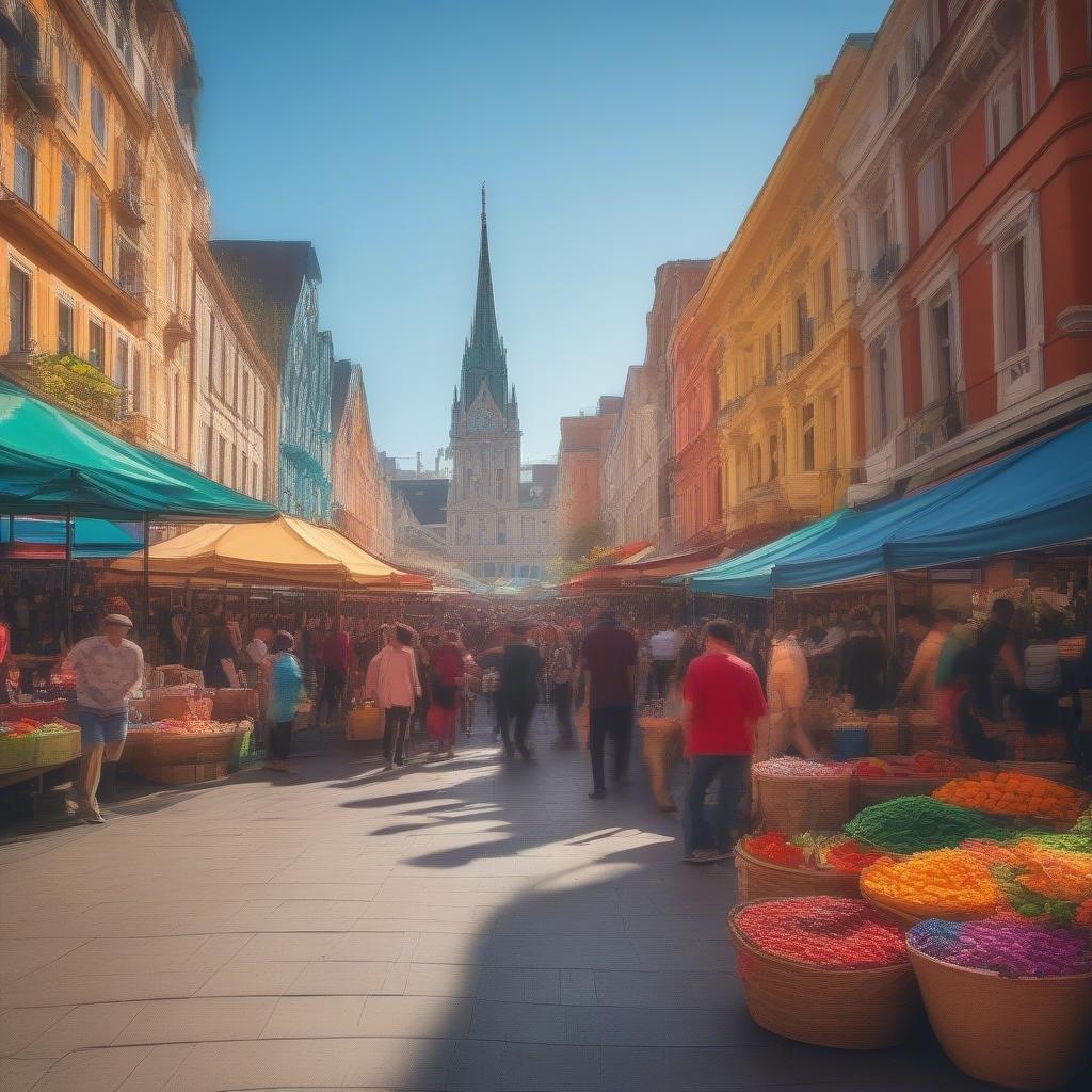 This image captures the vibrant atmosphere of a bustling city market, with a stunning cathedral in the background.