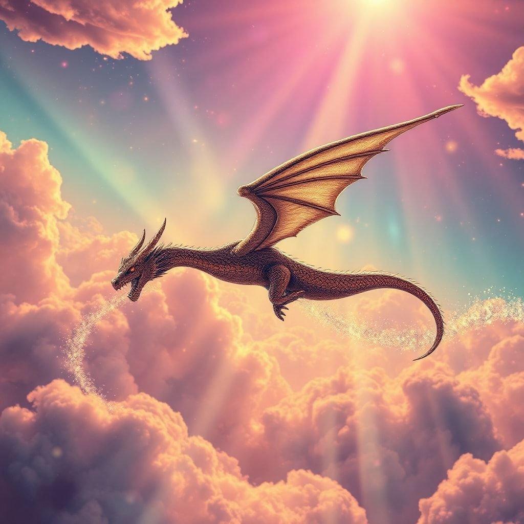 This fantasy wallpaper features a majestic dragon soaring through the sky, surrounded by a beautiful blue sky with pink clouds and a shining sun.