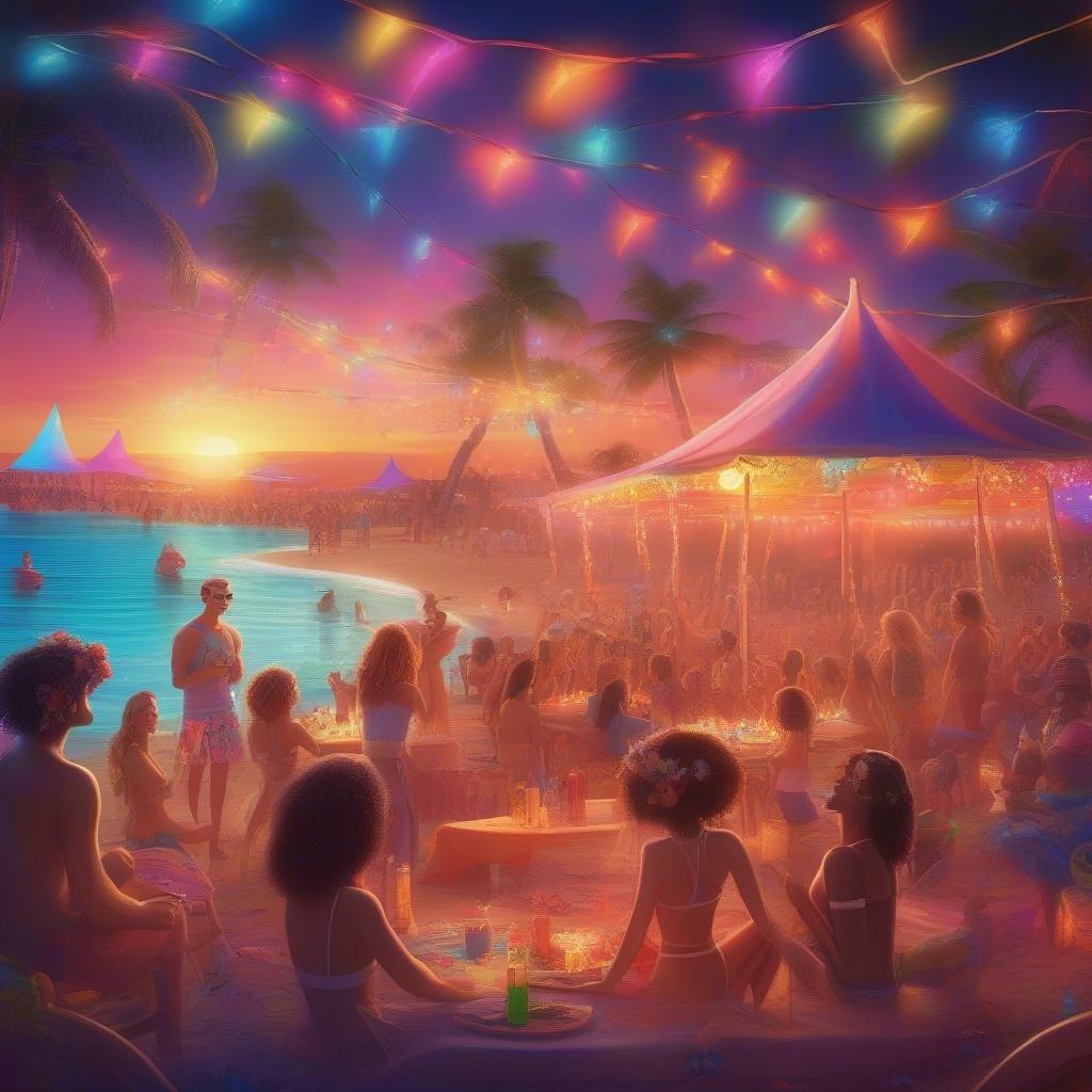 Vibrant beach scene with people enjoying an evening under the stars, near a sunset over the ocean.