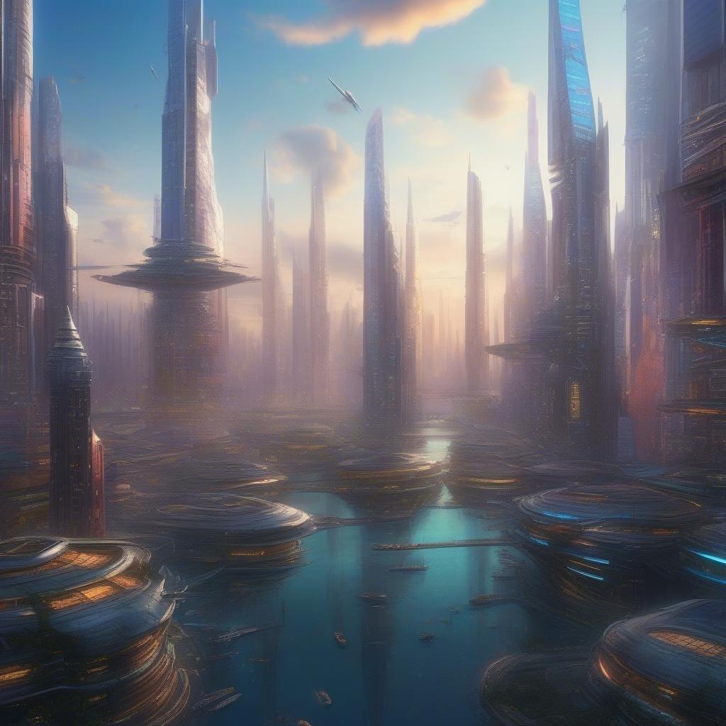 This digital artwork captures the essence of an otherworldly landscape. It features towering structures, vibrant with life-enhancing technology. The sky is a mesmerizing blend of blue and orange hues, suggesting either sunrise or sunset in this extraterrestrial setting. This image would make a stunning desktop wallpaper for those who appreciate the beauty of science fiction architecture.