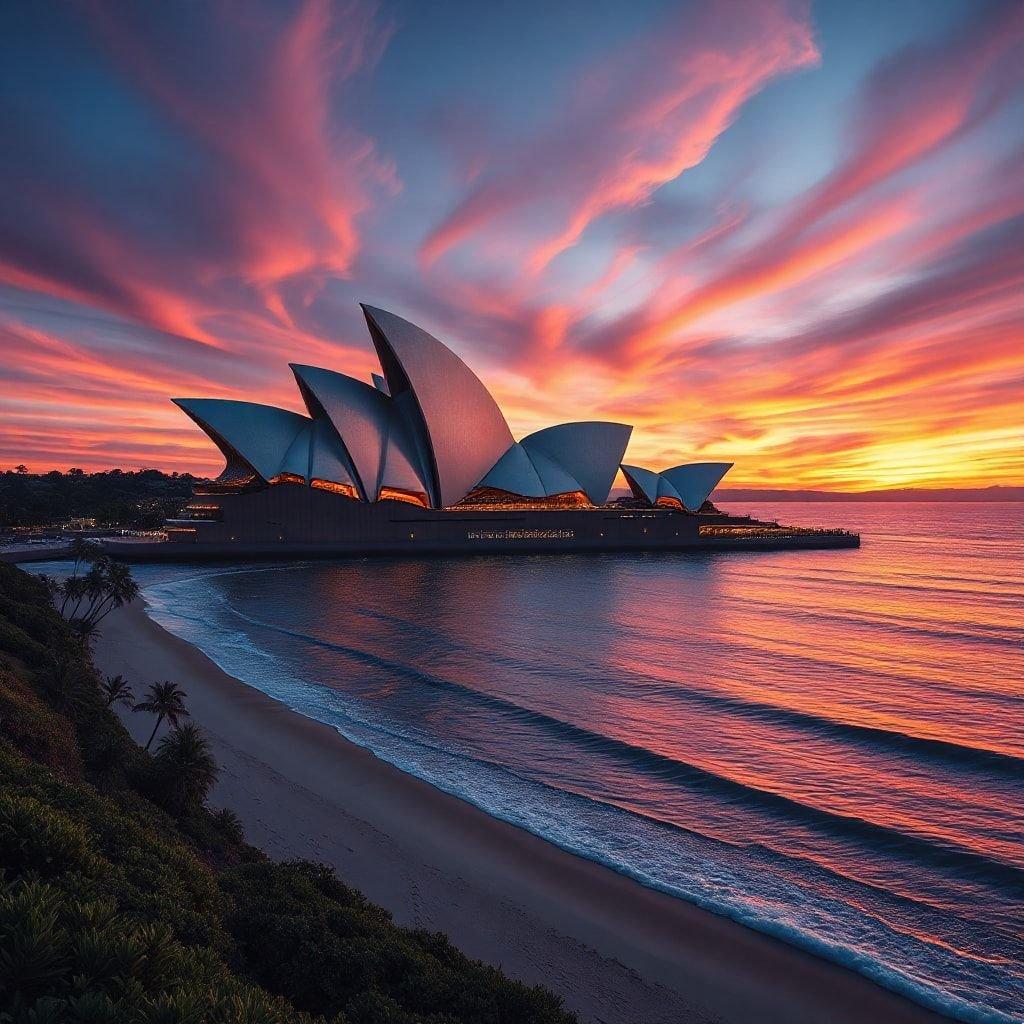 A stunning view of the Sydney Opera House and Harbour Bridge at sunset, with a clear blue sky and calm water.