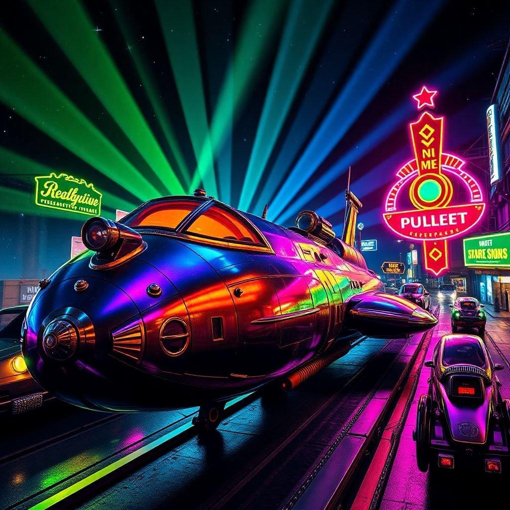 Step into a world of nostalgia and innovation with this retro futuristic scene. The image features a sleek, metallic spaceship with a distinctive retro-futuristic design, set against a backdrop of a bustling cityscape. The vibrant colors and dynamic composition evoke a sense of energy and excitement, making this image perfect for fans of science fiction and retro aesthetics.