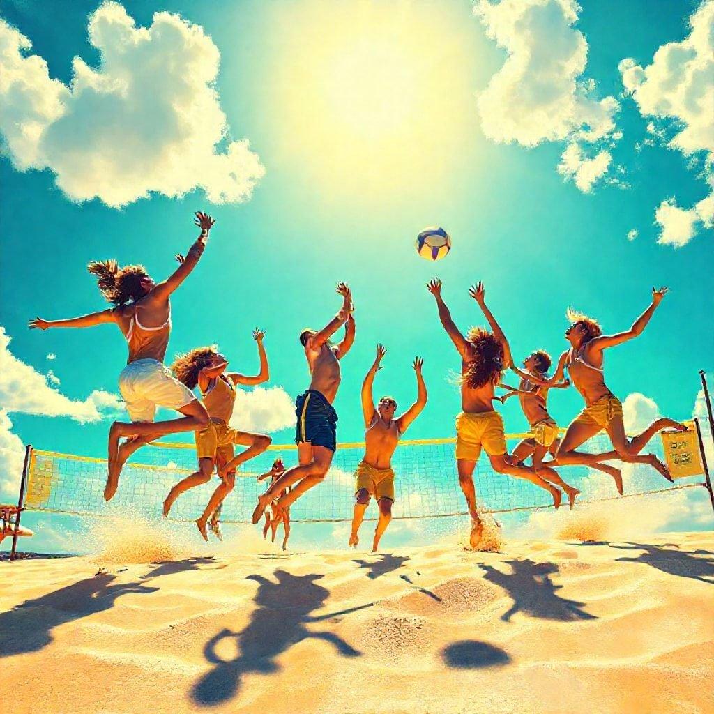 A vibrant scene on the beach with a group of friends playing volleyball, enjoying the sun and sand. Perfect for a lively and energetic backdrop for your desktop or mobile device.