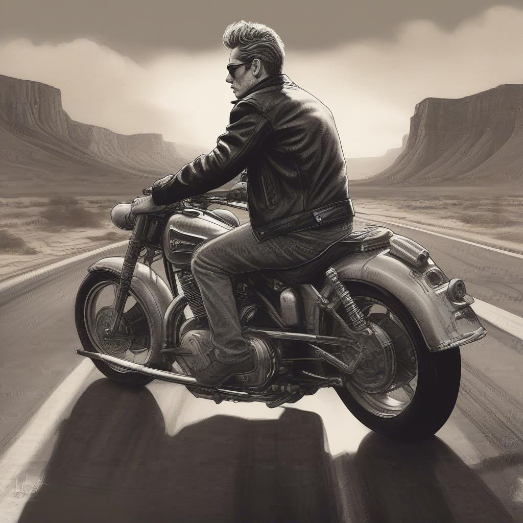 Get ready to ride into the open road with this image featuring a daring character in the style of classic Americana.