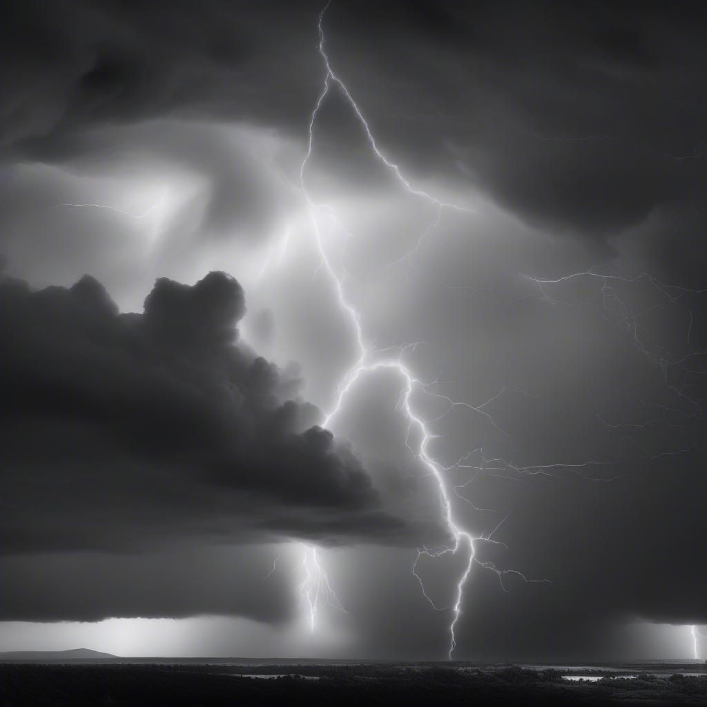 This black and white stormy sky captures the raw power of nature, with lightning strikes illuminating the dark clouds above. Perfect for a dramatic desktop wallpaper.