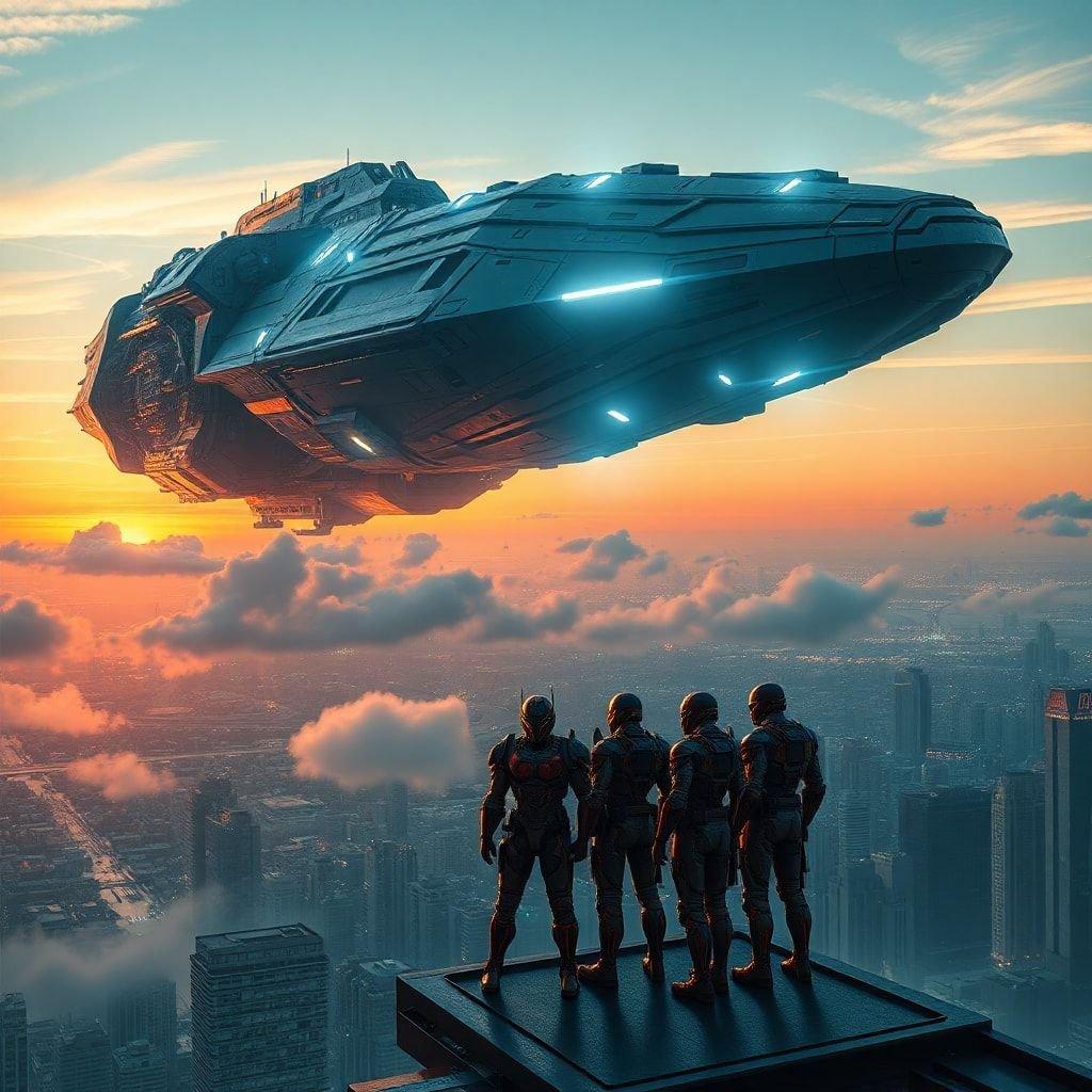 Unisciti alla squadra d'élite mentre affrontano una sfida epica, volando attraverso un paesaggio urbano futuristico al tramonto.