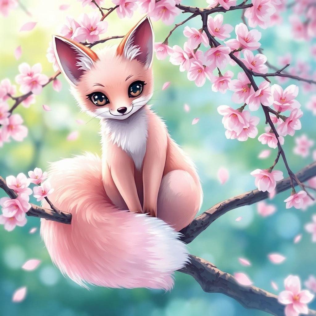 This wallpaper features a charming anime fox perched on a cherry blossom tree, surrounded by delicate pink petals. The soft pink and white fur of the fox adds a touch of elegance, while its expressive eyes capture a moment of tranquility. The blurred background of green and blue adds depth to the image, making it perfect for desktop and mobile use.