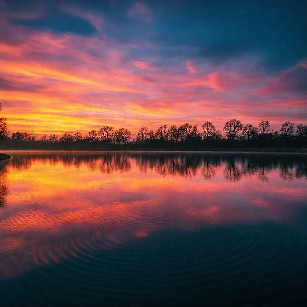 This stunning wallpaper captures the serene beauty of a sunset over a tranquil lake, with the vibrant colors of the sky reflected perfectly in the calm waters.