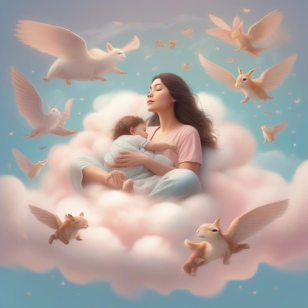 A beautiful and peaceful image of a mother and child in a dreamy, ethereal setting, surrounded by floating animals and clouds, capturing the essence of love, nurturing, and the special bond between a mother and her child.