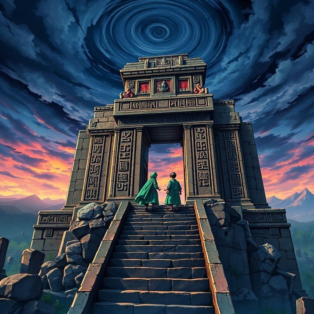 Immerse yourself in the mystical world of anime with this captivating illustration of an abandoned temple, where four individuals in vibrant green and blue attire stand amidst intricate hieroglyphs and carvings, set against a dark sky and distant mountain range.