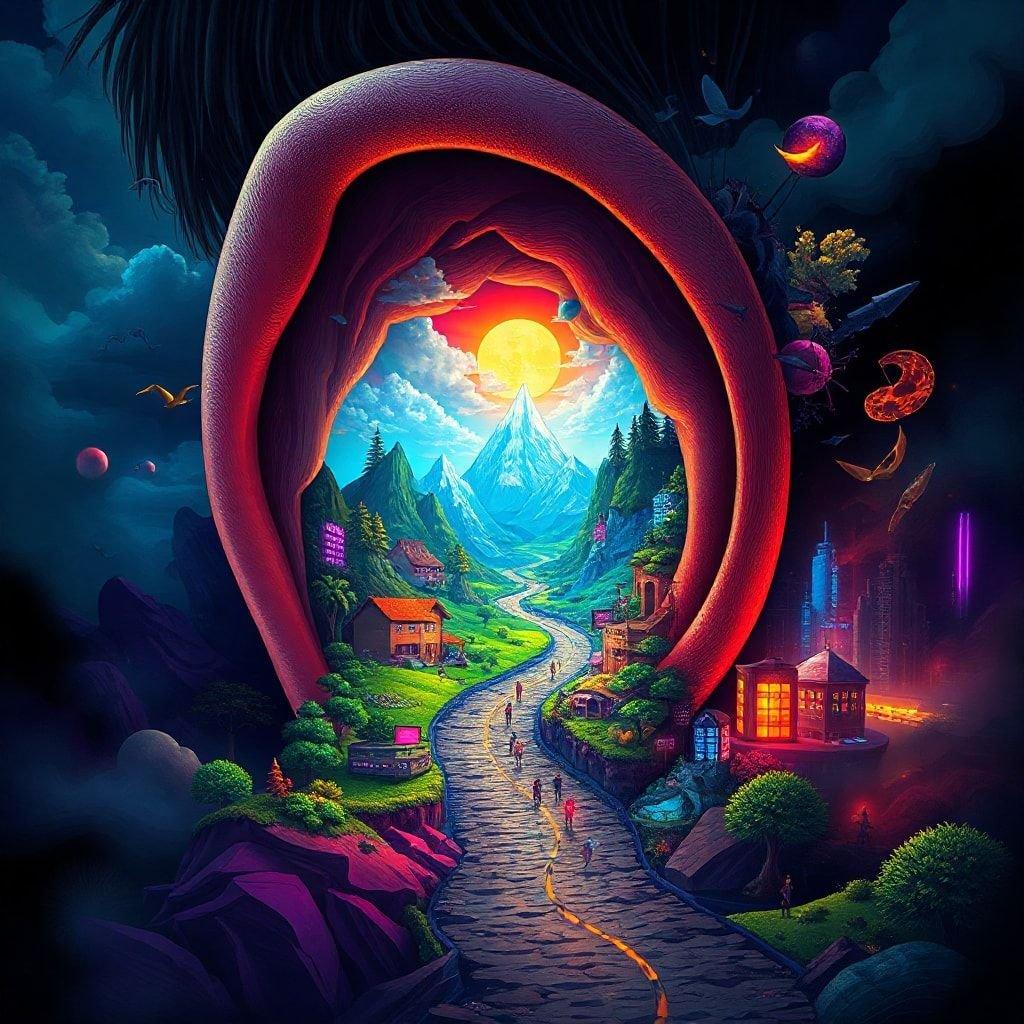 Step into a realm where music paints the world with its harmonious tunes. This whimsical wallpaper takes you on a journey through a fantastical landscape, where the road is paved with melodies and the sun rises from a mountainous horizon to greet each traveler.