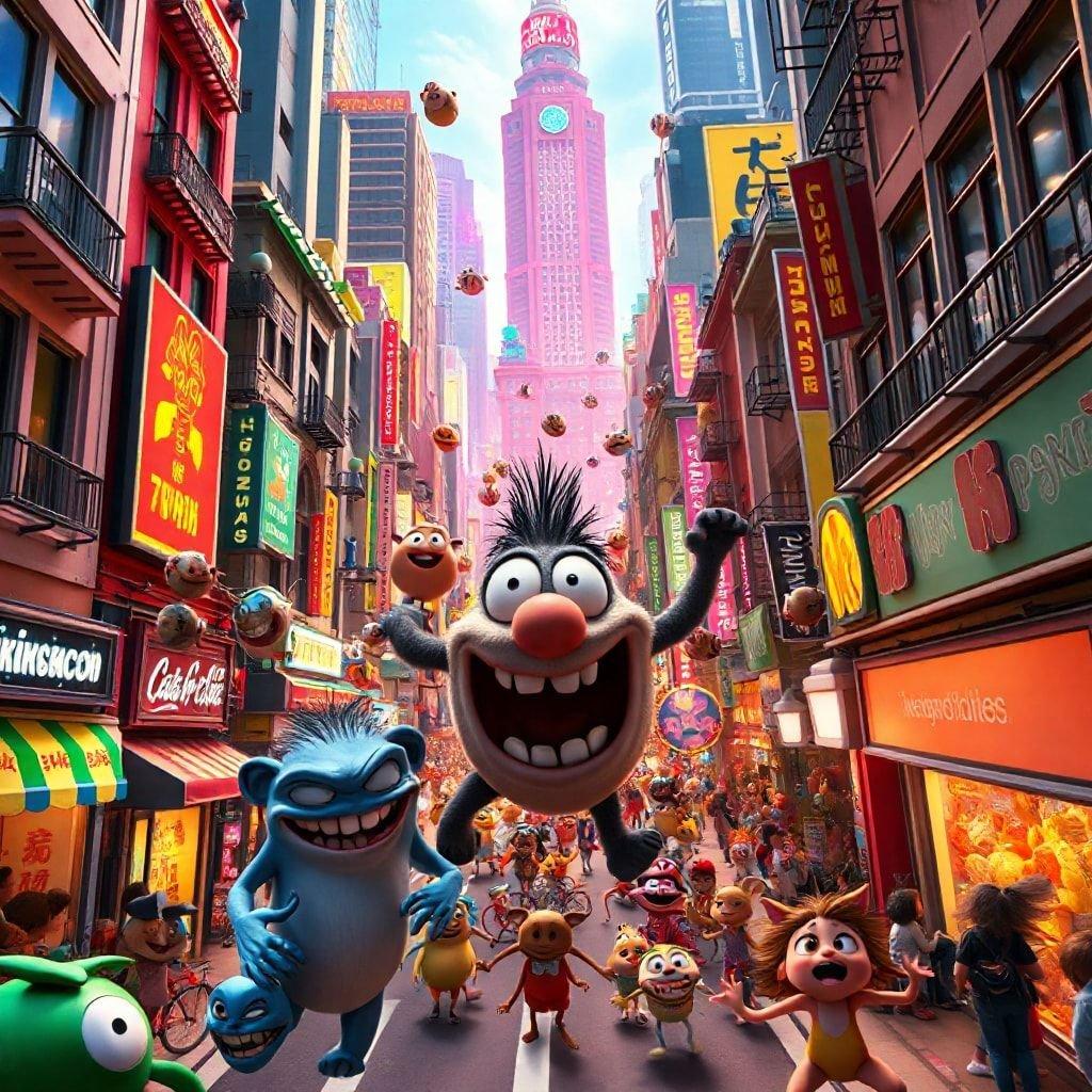 A lively scene from the animated movie 'Sing 2', featuring a group of anthropomorphic animals celebrating together on a city street. The characters are known for their distinct personalities and colorful outfits, adding to the joyous atmosphere of the scene.